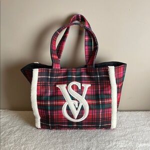 Victoria's Secret Plaid Tote BagSherpa Trim Snap Closure - Red and Black Plaid
